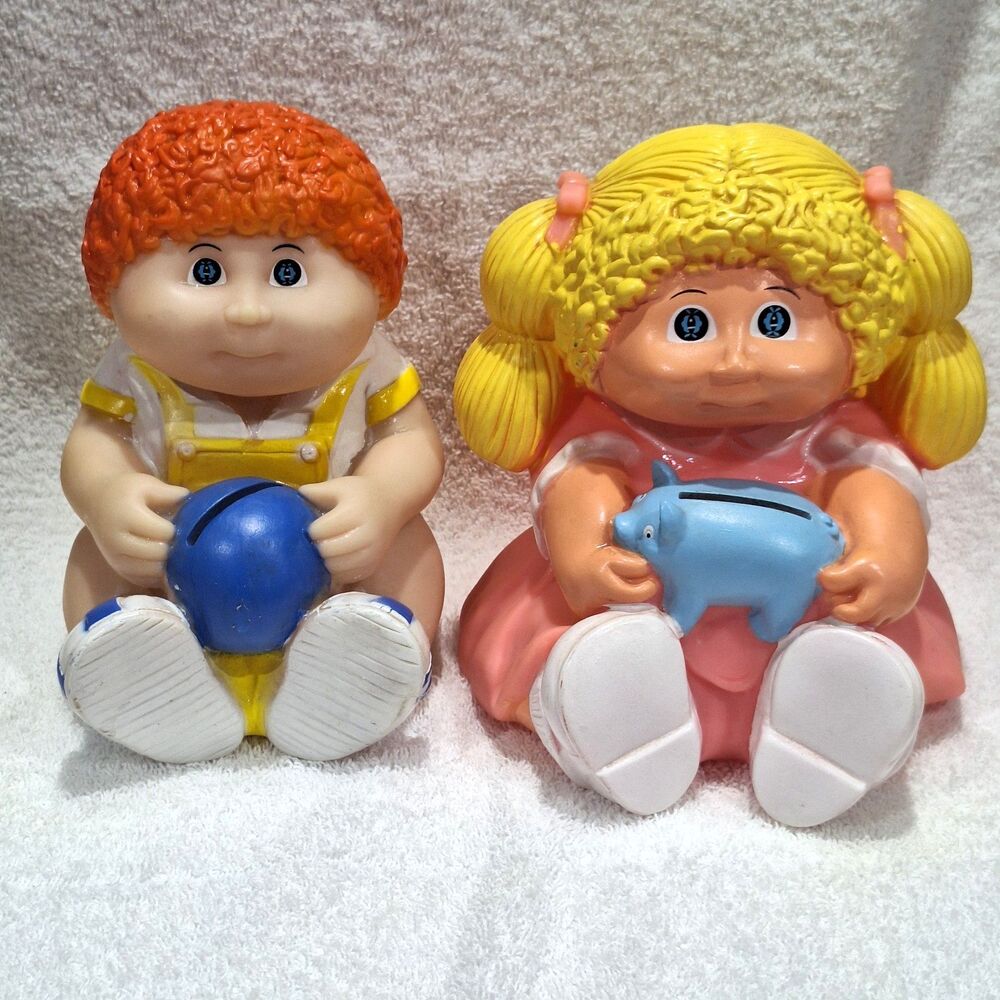 2 Vintage 1983 Star Power Cabbage Patch Kid Plastic Banks Girl Boy Blonde Red